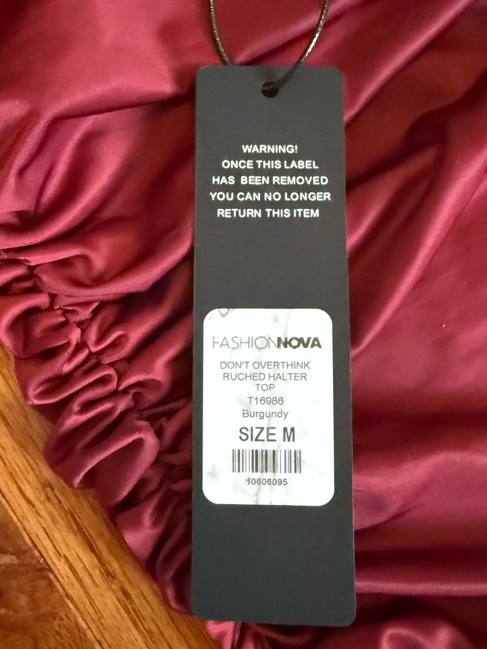 NWT Fashion Nova Ruched Tie-Back Halter Top Burgundy Size Medium - Picture 2 of 4